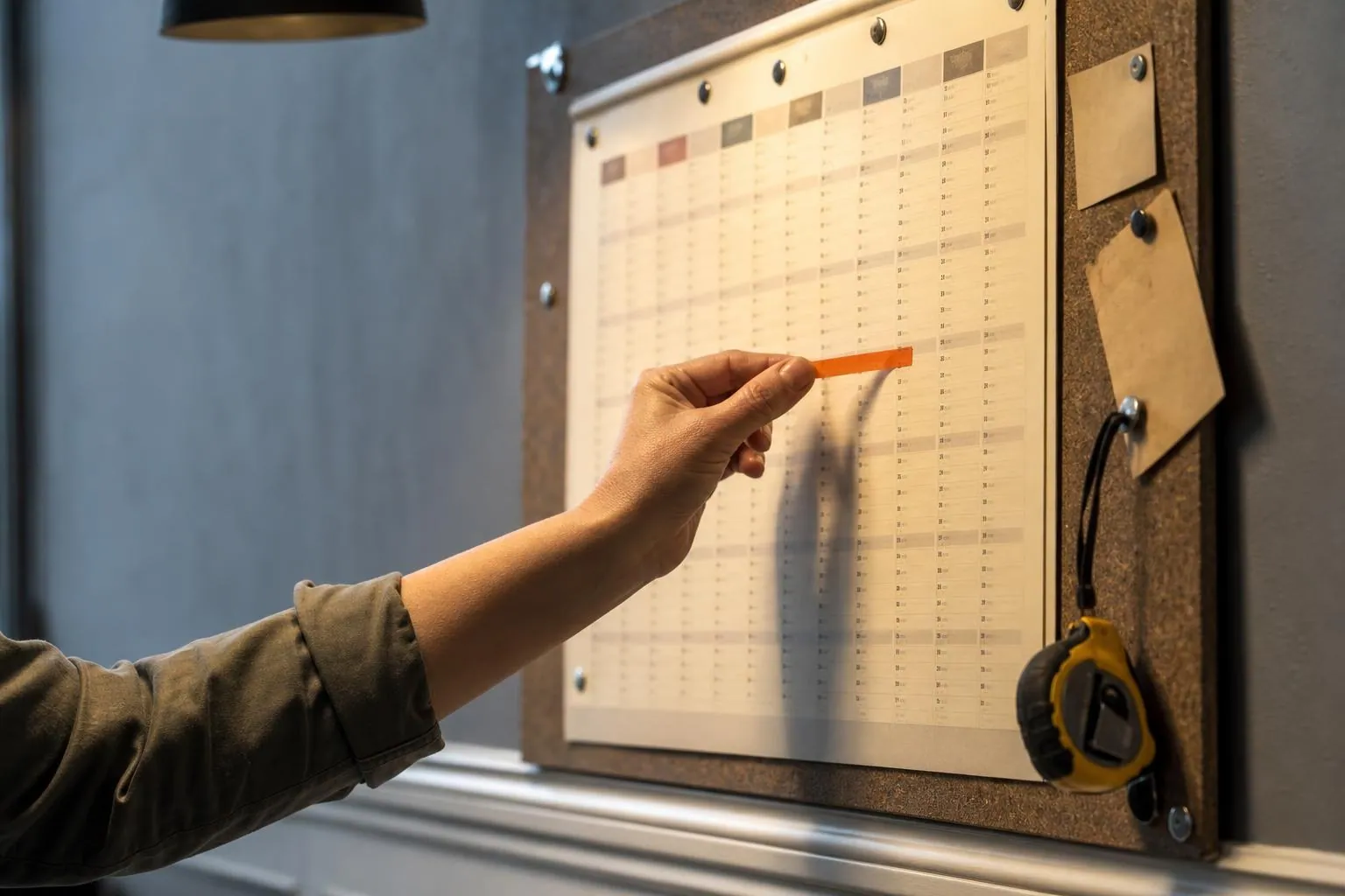 Une main pose une bande de ruban adhésif orange sur un grand calendrier annuel imprimé punaisé au mur d’un bureau