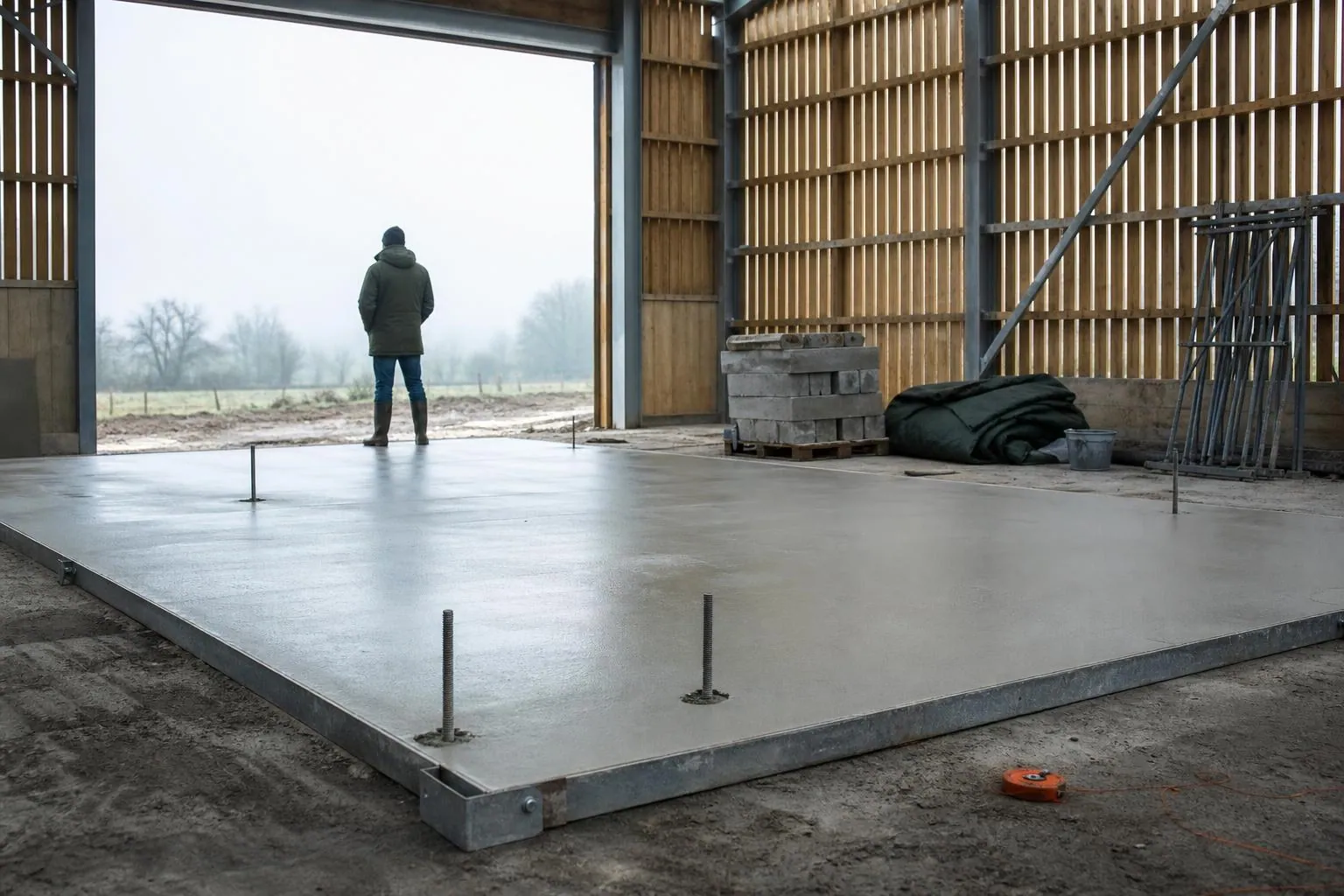 Une dalle béton fraîchement coulée et délimitée attend dans un hangar agricole vide, sans la machine qui devait y être installée