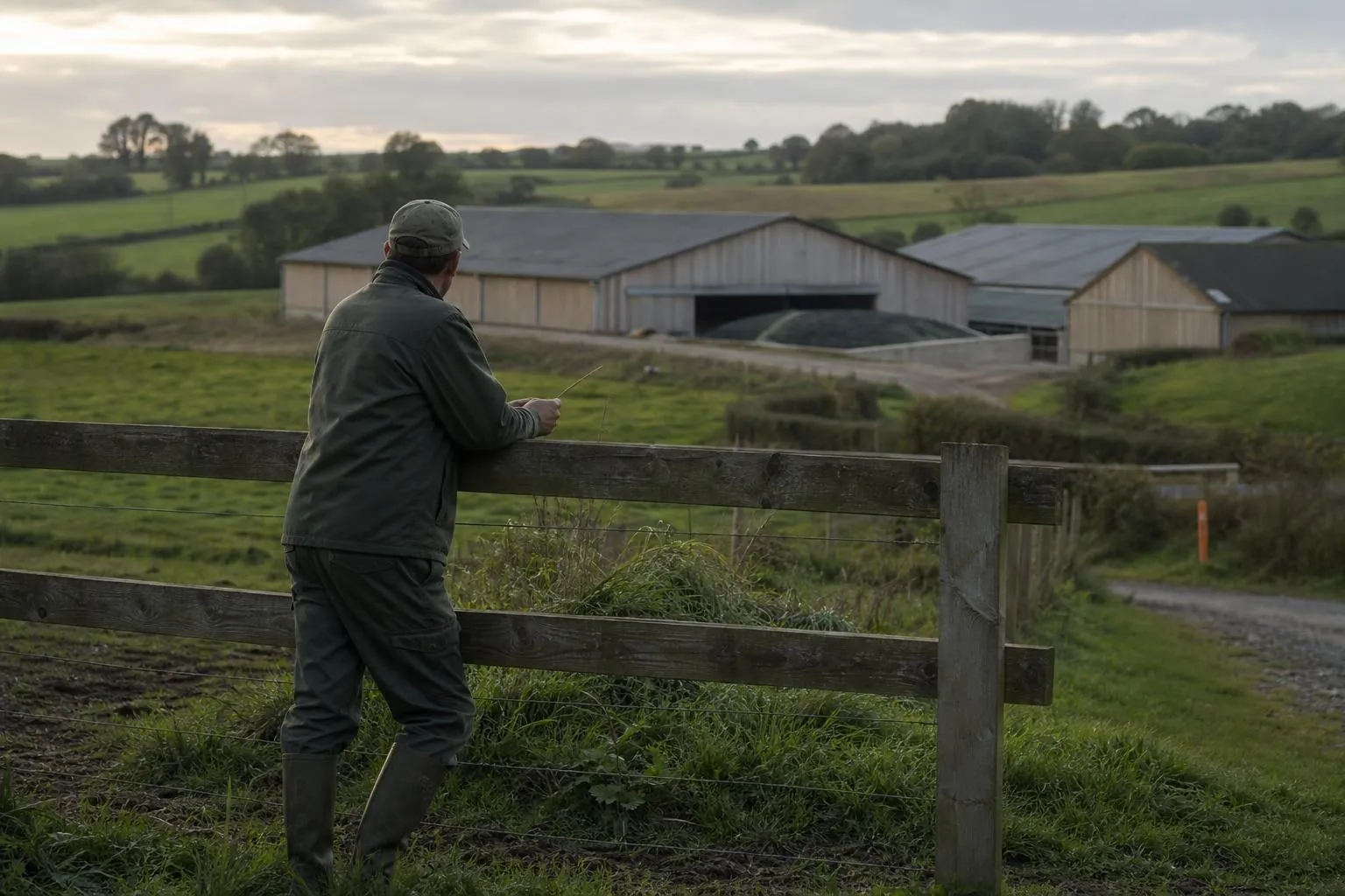 Un homme adossé à une barrière de prairie observe un ensemble de bâtiments d’élevage dans un paysage bocager en fin de journée