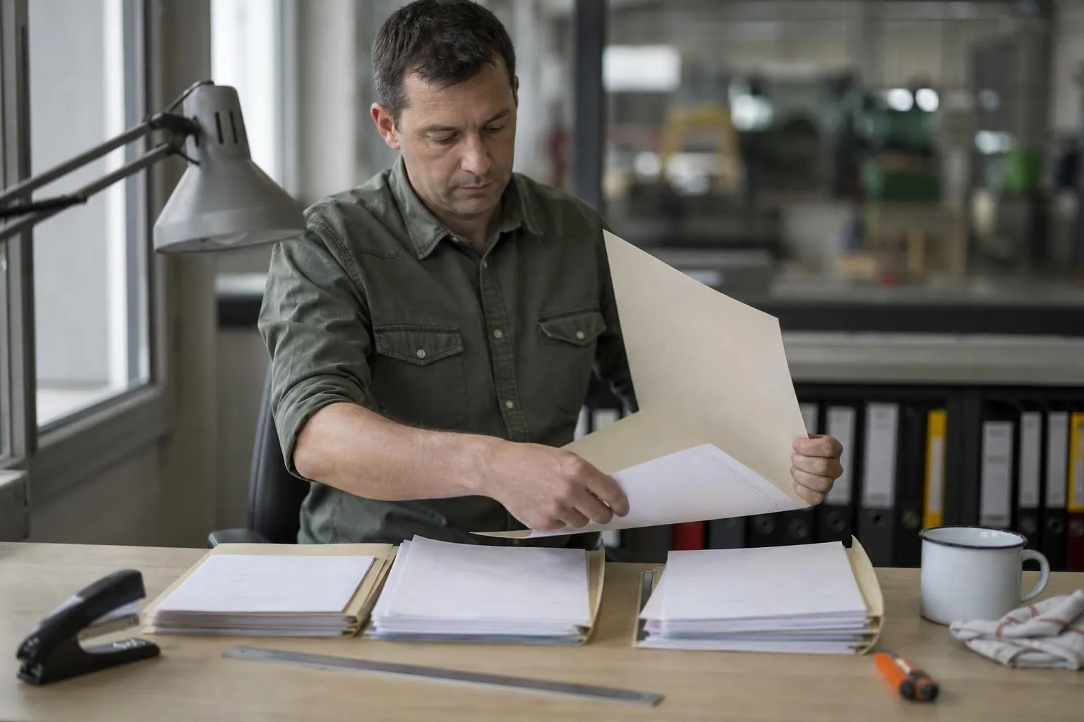 Un commercial de concession agricole trie des documents papier et les glisse dans une chemise cartonnée sur la table de son bureau