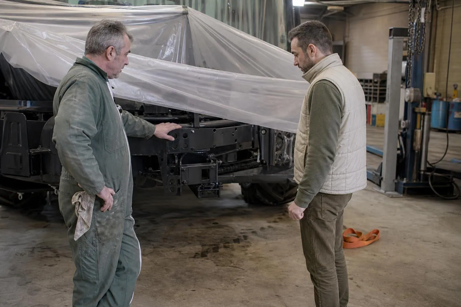 Un chef d’atelier et un commercial examinent une machine agricole neuve encore emballée de film plastique dans un hall de concession