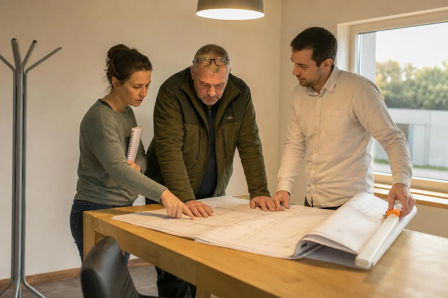 Trois professionnels debout autour d’une table haute couverte de plans de bâtiment d’élevage déroulés et maintenus par des serre joints