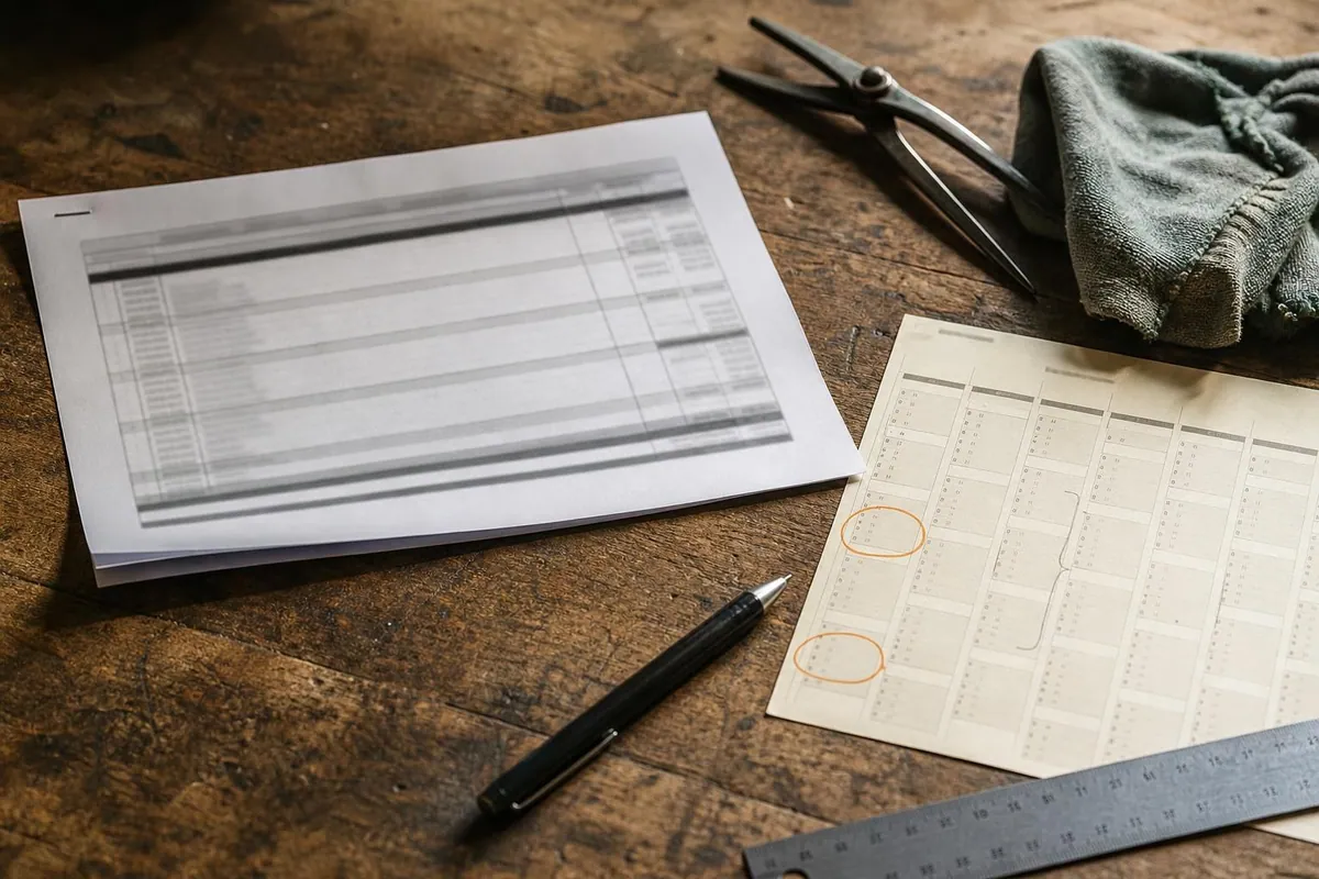 Gros plan sur un devis de materiel agricole pose sur un etabli en bois, a cote d’un calendrier annuel annote a la main et d’un stylo
