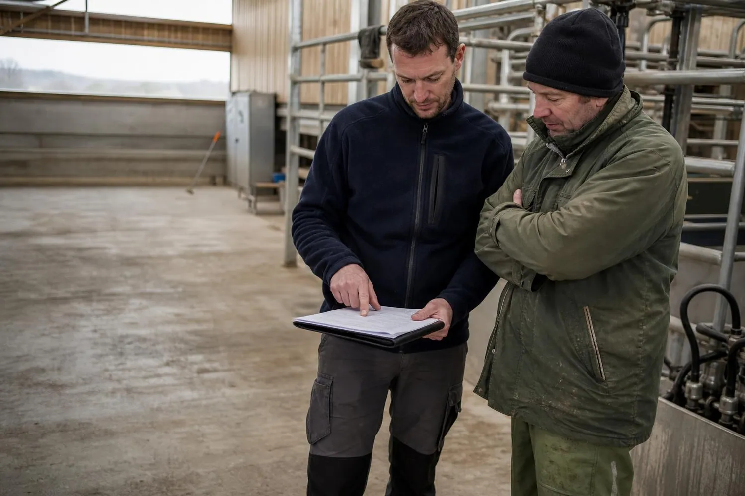 Un commercial de concession de materiel agricole et un eleveur echangent debout dans un batiment d’elevage recent, devant une installation de traite, avec une tablette et des documents