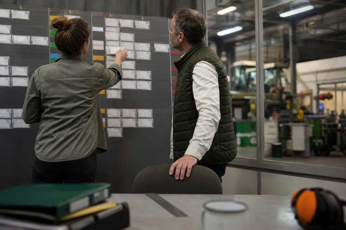 Deux commerciaux d’une concession de materiel agricole devant un tableau mural de suivi des affaires, dans un bureau attenant a l’atelier